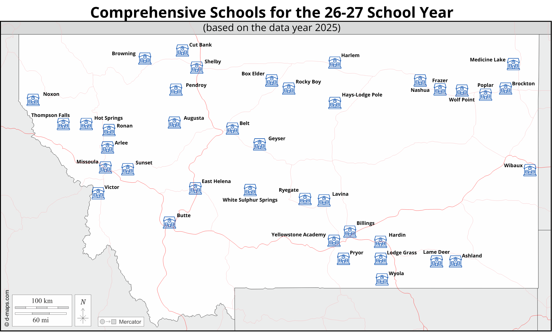 Map of Comprehensive Schools for the 2026-27 school year, based on data year 2024. School districts on this map are: Wyola, Yellowstone Academy, Box Elder, Hobson, Hot Springs, Geraldine, Geyser, Rocky Boy, Ronan, Valier, Augusta, Browning, Harlem , Hays-Lodge Pole, Pendroy, Wolf Creek, Hardin, Lavina, Lodge Grass, Pryor, Wibaux, Alberton, Alder, Ashland, Lame Deer, Ryegate, Sunset, Victor, White Sulphur Springs, Brockton, Frazer, Medicine Lake, Poplar, Wolf Point